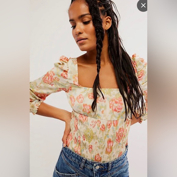 Free People Tops - Free People Intimately Smock It To You Bodysuit size Medium Floral Ivory Smocked